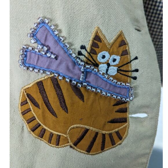 Vintage 90's Painted Pony Cropped Boxy Blazer Jacket Cat Patches and Beading L - Picture 7 of 9
